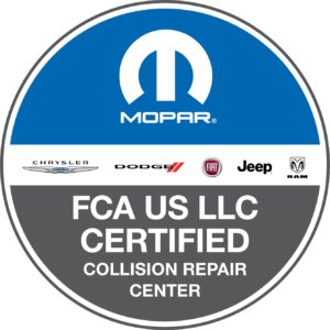 Round badge with Mopar logo at the top, logos for Chrysler, Dodge, Jeep, Ram, and Fiat, plus text reading FCA US LLC Certified Collision Repair Center—a trusted certified auto body shop in southern Indiana.