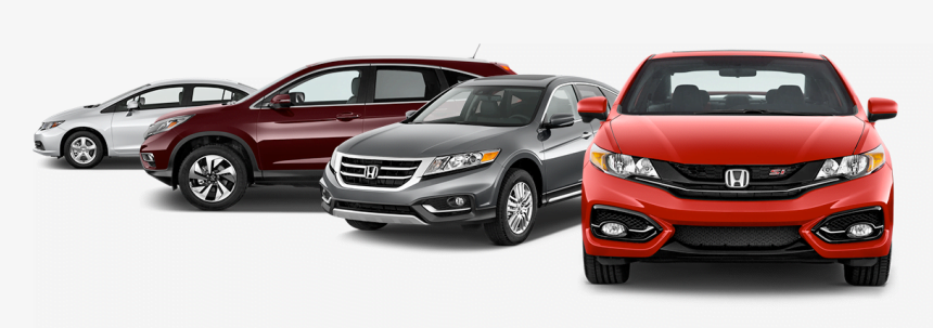 426-4265194_profirst-collision-repair-honda-car-lineup-car-hd Four Honda vehicles in different colors—white sedan, maroon SUV, gray SUV, and red sports coupe—are parked side by side, facing slightly toward the viewer on a white background.