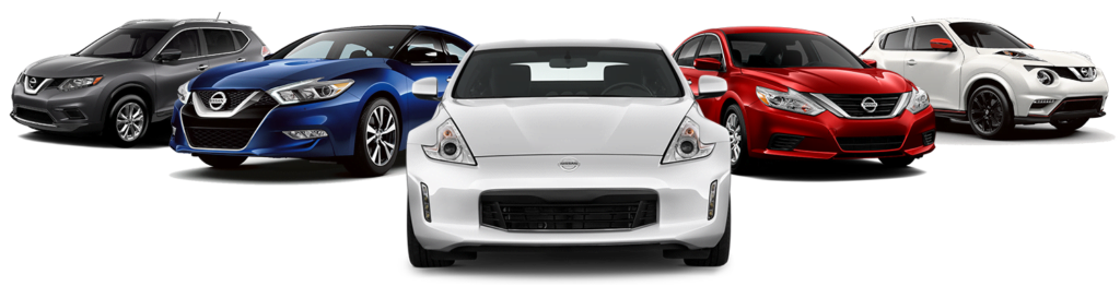 nissan-2016-lineup Five Nissan cars in different colors—gray, blue, white, red, and white—are lined up in a semi-circle, facing forward on a white background.