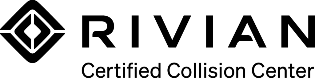 The image shows the Rivian logo, featuring a diamond-shaped geometric icon to the left of the word RIVIAN in bold letters, with Certified Collision Center written below.
